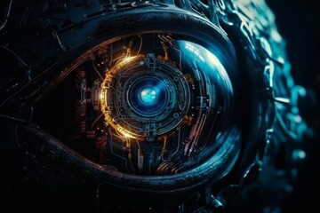 Wall Mural - close up of a glowing blue robotic eye with intricate mechanical details. ai generative. .
