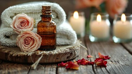 Poster - Soft pink roses rest beside a bottle of essential oil, next to neatly stacked towels. Flickering candles create a tranquil ambiance, perfect for self-care in a cozy home setting.
