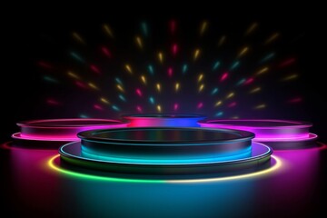 Wall Mural - neon light glows around three podiums in a dark setting. ai generative. .