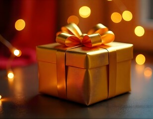 A close-up of a gold gift box with a large, glossy golden bow, emphasizing the texture of the bow, with a blurred background of colorful holiday decorations, a partially open gift box with a golden