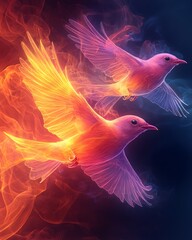 Wall Mural - Glowing Neon Birds Soaring Through Vibrant Ethereal Sky in Abstract Digital Art