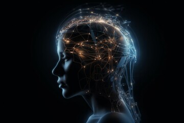 Wall Mural - Silhouette of a woman's head with glowing network of lines emanating from her brain. AI generative. .