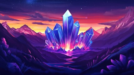 Wall Mural - Crystal Cluster in a Mountainous Sunset Landscape