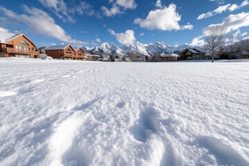 Wall Mural - This picturesque winter scene features charming cabins nestled in a snowy field, surrounded by majestic mountains under a vibrant blue sky with beautiful fluffy clouds.