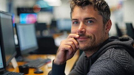 Leinwandbilder - A focused individual sits at a desk in a contemporary office setting, working intently on a computer. Bright screens illuminate the workspace, highlighting a collaborative atmosphere.