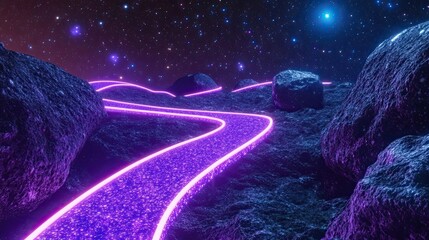 Wall Mural - glowing purple path across an alien rock planet