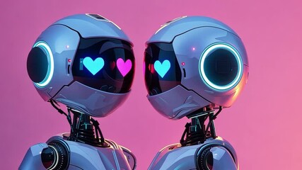 Poster - Two futuristic robots face each other, showcasing glowing hearts in their visors. The vibrant pink backdrop enhances their romantic expression, capturing a unique blend of technology and affection.