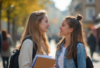 2 female students stand on the street with documents in their hands, looking at each other