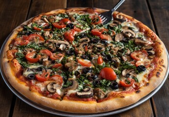 Wall Mural - Delicious fresh pizza topped with mushrooms, olives, spinach, tomatoes, and cheese on a rustic wooden table ready to be enjoyed by food lovers