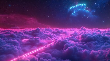 Wall Mural - neon lights across a purple cloud landscape under a starry night sky