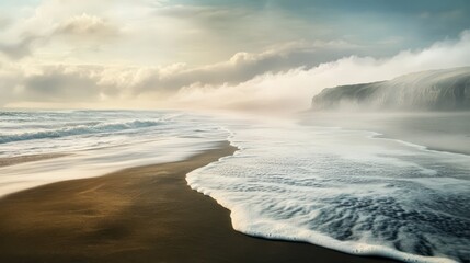 Poster - Serene Coastal Scene With Misty Cliffs and Ocean Waves