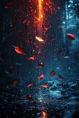 Wall Mural - autumn rain and fire - a dramatic night scene