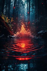 Wall Mural - fiery forest pond reflection - mystical nature scene