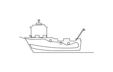 Wall Mural - Continuous single line drawing of large cruise ship on ocean, line art vector illustration. The ship is sailing. Sea transport. One continuous line drawing on a white isolated background.