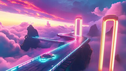 Wall Mural - Futuristic Vehicle Traveling Cloudtop Highway Neon Lights