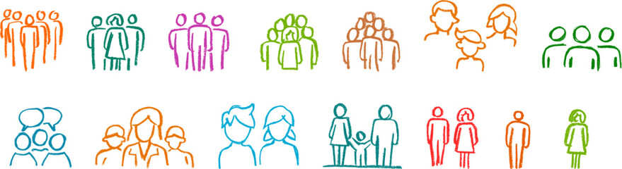 Wall Mural - People Family Icons Crayon Chalk Drawing Vector Set