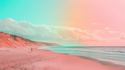 Wall Mural - Solitary Figure Walking Pink Sandy Beach Ocean View