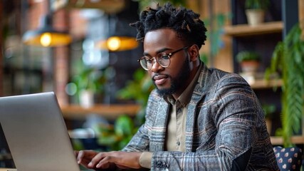 Fototapete - A focused individual engages with his laptop in a trendy cafe adorned with greenery. Natural light floods the space, creating a vibrant, inviting atmosphere for productivity.