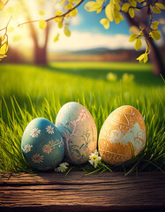 Three painted easter eggs celebrating a Happy Easter on a spring day with a green grass meadow, bright sunlight, tree leaves and a background with copy space and a wooden bench to display products.