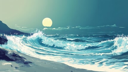 Poster - Ocean Waves Crashing on Shore Under a Pale Sun