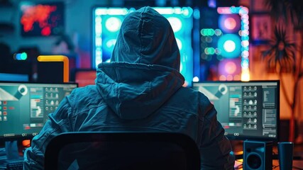 Fototapete - In a dimly lit room filled with colorful LED lights, a programmer wearing a hood works intently at multiple computer screens, focused on various coding projects during the night.