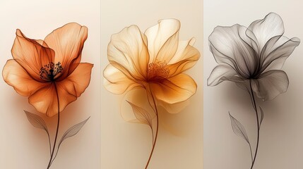 Wall Mural - Three translucent flowers in orange, beige, and gray hues, artistic rendering.