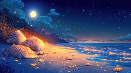 Wall Mural - Night Seascape with Large Shells on Sandy Beach