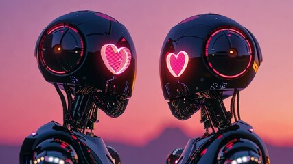 Poster - Two futuristic robots face each other, their glowing heart-shaped eyes shining brightly under a colorful sunset.