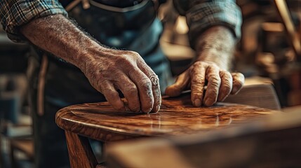 Close-up of a furniture maker's hands applying finish to a handcrafted chair, showcasing the rich wood grain and expert craftsmanship