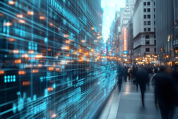 Wall Mural - a dynamic digital data flow illustrated over a bustling street, symbolizing the intersection of tech
