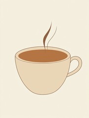 A minimalist illustration of a steaming cup of coffee made with smooth vector lines. The cup is placed centrally on a light beige background. The color scheme uses earthy browns and creamy whites.