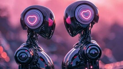 Poster - Two advanced robots stand closely together, their faces adorned with glowing heart symbols. The colorful sunset creates a romantic atmosphere, emphasizing the theme of love and connection.