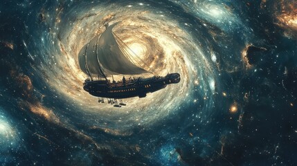 Canvas Print - Ancient Galleon Sailing Through A Cosmic Spiral Galaxy