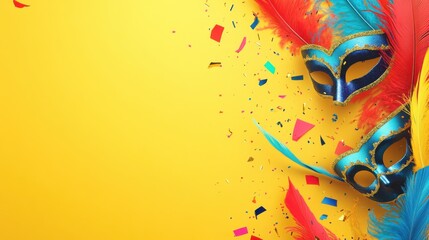 Carnival background. Featuring vibrant yellows, reds, and blues with feathers and masks. Representing festivity and culture. Suitable for parade announcements and event posters