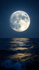 Wall Mural - Full moon reflecting on calm ocean water at night.