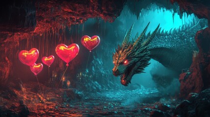 Poster - Heart Balloons Float Towards A Cave Dragon