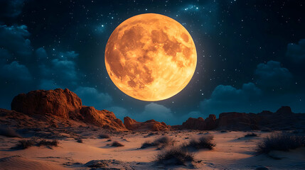 Wall Mural - Large orange moon over desert landscape at night with starry sky.