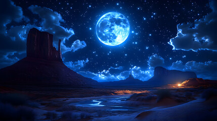 Wall Mural - majestic full moon illuminates a desert landscape at night, with starry sky and buttes.
