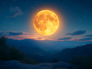 Wall Mural - Huge orange moon rising over mountain range at night.