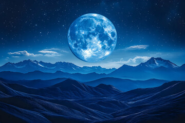 Wall Mural - Large blue moon over majestic mountain range at night.