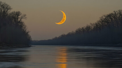 Wall Mural - Crescent moon over tranquil river at dusk, reflecting on calm water, trees on both banks.