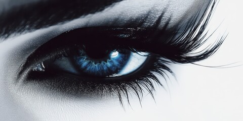 Close-up view of captivating female eye with long eyelashes and striking blue iris highlighting detail and beauty