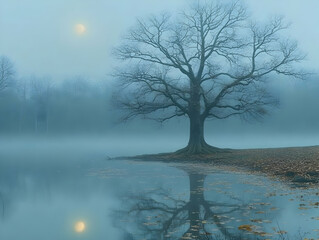 Wall Mural - misty morning, lone tree reflected in still water, moon.