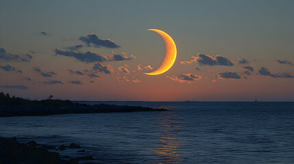 Wall Mural - Crescent moon over calm ocean at sunset.