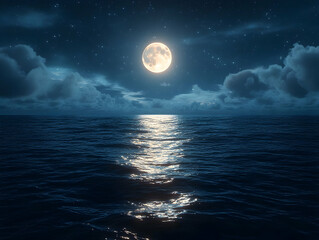 Full moon over calm ocean at night.