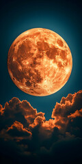 Wall Mural - large orange moon in dark night sky above clouds.