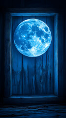 Wall Mural - large blue moon viewed through a rustic wooden frame.