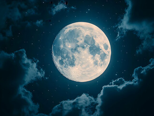 Wall Mural - full moon shining brightly in night sky, surrounded by clouds and stars.