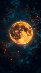 Wall Mural - large orange full moon shining brightly in a night sky framed by leaves.
