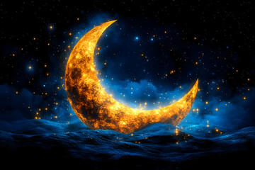 Wall Mural - glowing crescent moon over dark blue water, glittering stars.